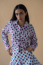 Load image into Gallery viewer, Geometric Print Purple Fly Jacket and Light Blue/Maroon Short Skirt