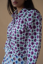 Load image into Gallery viewer, Geometric Print Purple Fly Jacket and Light Blue/Maroon Short Skirt