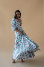 Load image into Gallery viewer, V Neck Long Dress in Geometric  Print - Green/Pink