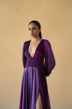 Load image into Gallery viewer, Violet Satin Silk Ombre Long Dress V Neck