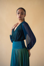 Load image into Gallery viewer, Green and Blue Cross Neck Georgette Ombre Long Dress