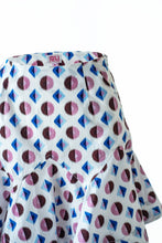 Load image into Gallery viewer, Geometric Print Purple Fly Jacket and Light Blue/Maroon Short Skirt