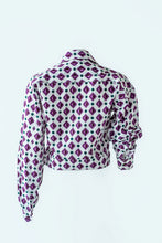 Load image into Gallery viewer, Geometric Print Purple Fly Jacket and Light Blue/Maroon Short Skirt