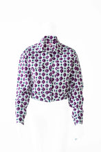 Load image into Gallery viewer, Geometric Print Purple Fly Jacket and Light Blue/Maroon Short Skirt
