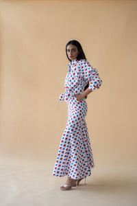Shirt with Concealed Placket and Kimono Sleeve and Long Skirt - Red/Blue