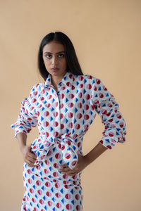 Shirt with Concealed Placket and Kimono Sleeve and Long Skirt - Red/Blue