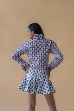 Load image into Gallery viewer, Geometric Print Purple Fly Jacket and Light Blue/Maroon Short Skirt
