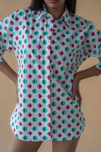 Shirt with Concealed Placket & Kimono Sleeve  - Green/Pink