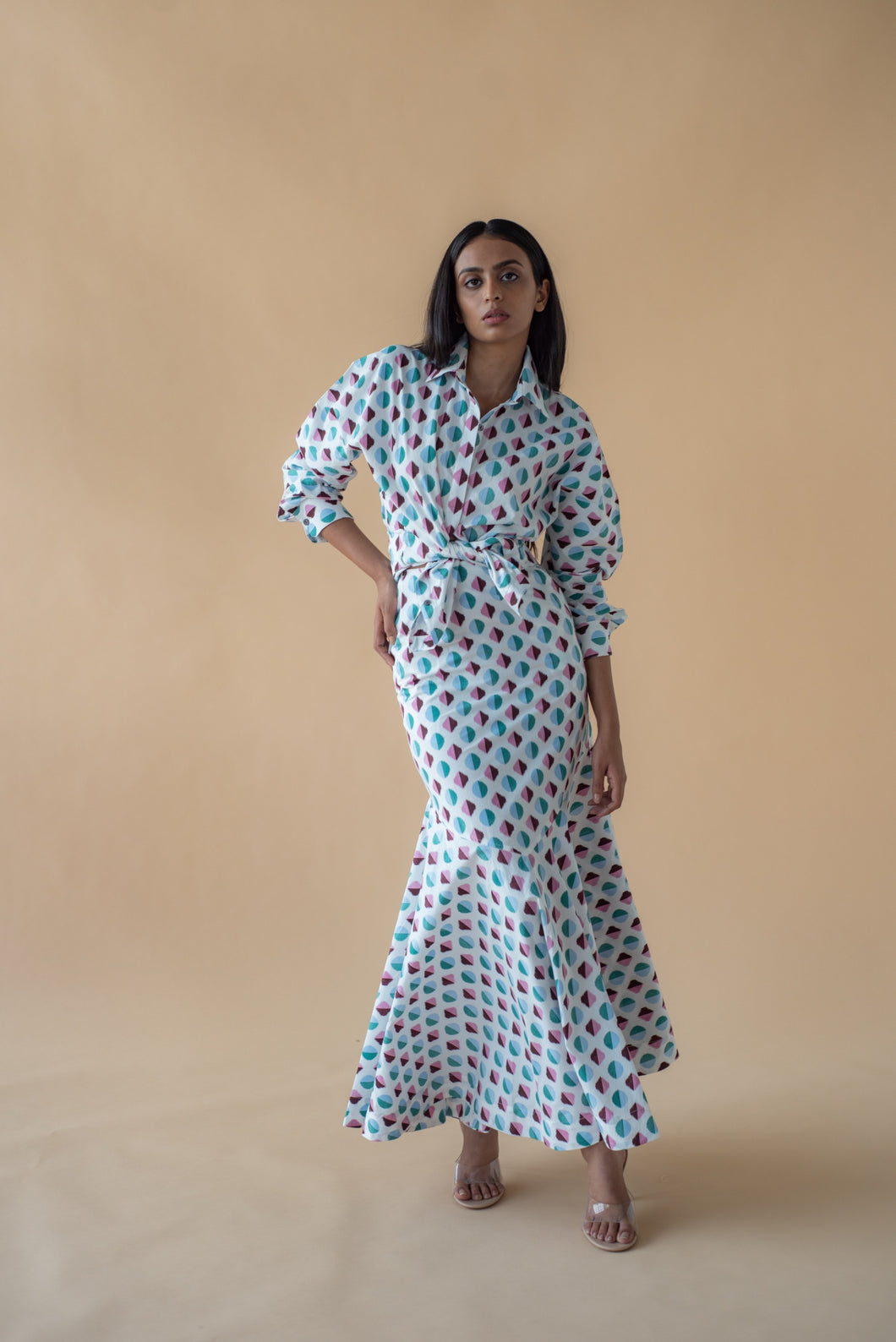 Shirt with Concealed Placket & Kimono Sleeve and Long Skirt - Light Blue/Maroon