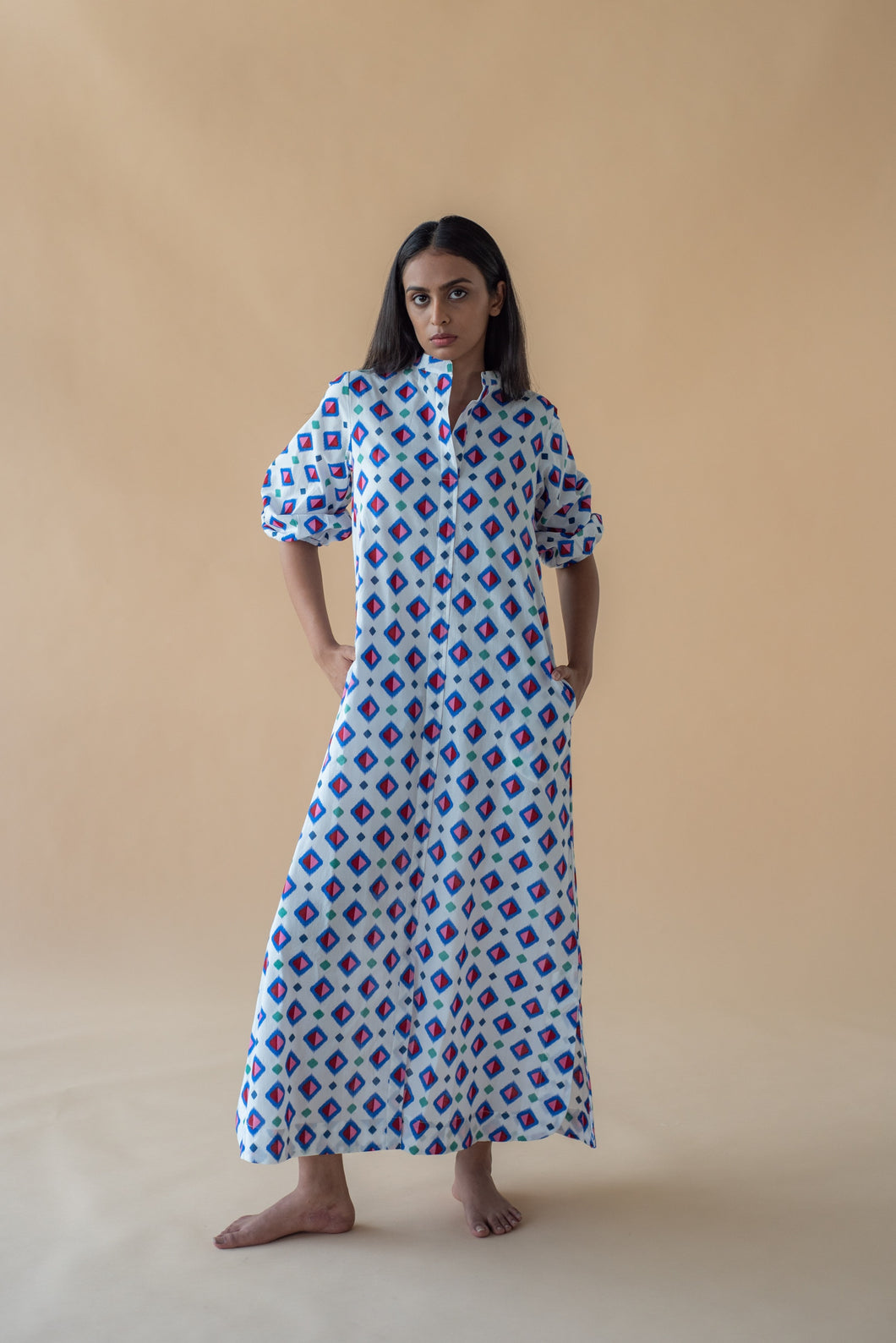 Geometric Print Shirt Dress - Blue Inclined Square