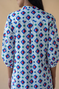 Geometric Print Shirt Dress - Blue Inclined Square