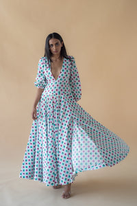 V Neck Long Dress in Geometric  Print - Green/Pink