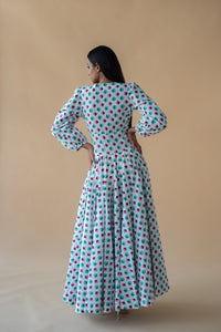 V Neck Long Dress in Geometric  Print - Green/Pink