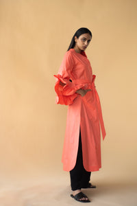 Lawn Coat with Frilled Sleeve in Pastel Orange Color