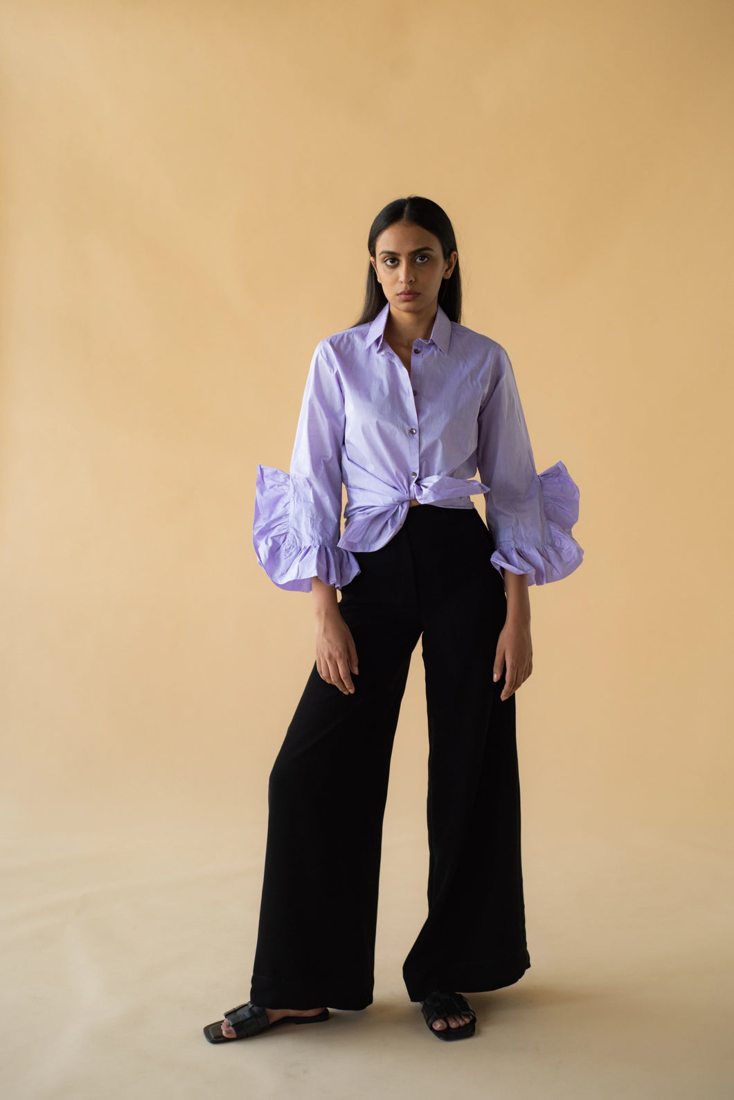 Lawn Shirt with Frilled Sleeve in Lilac Color