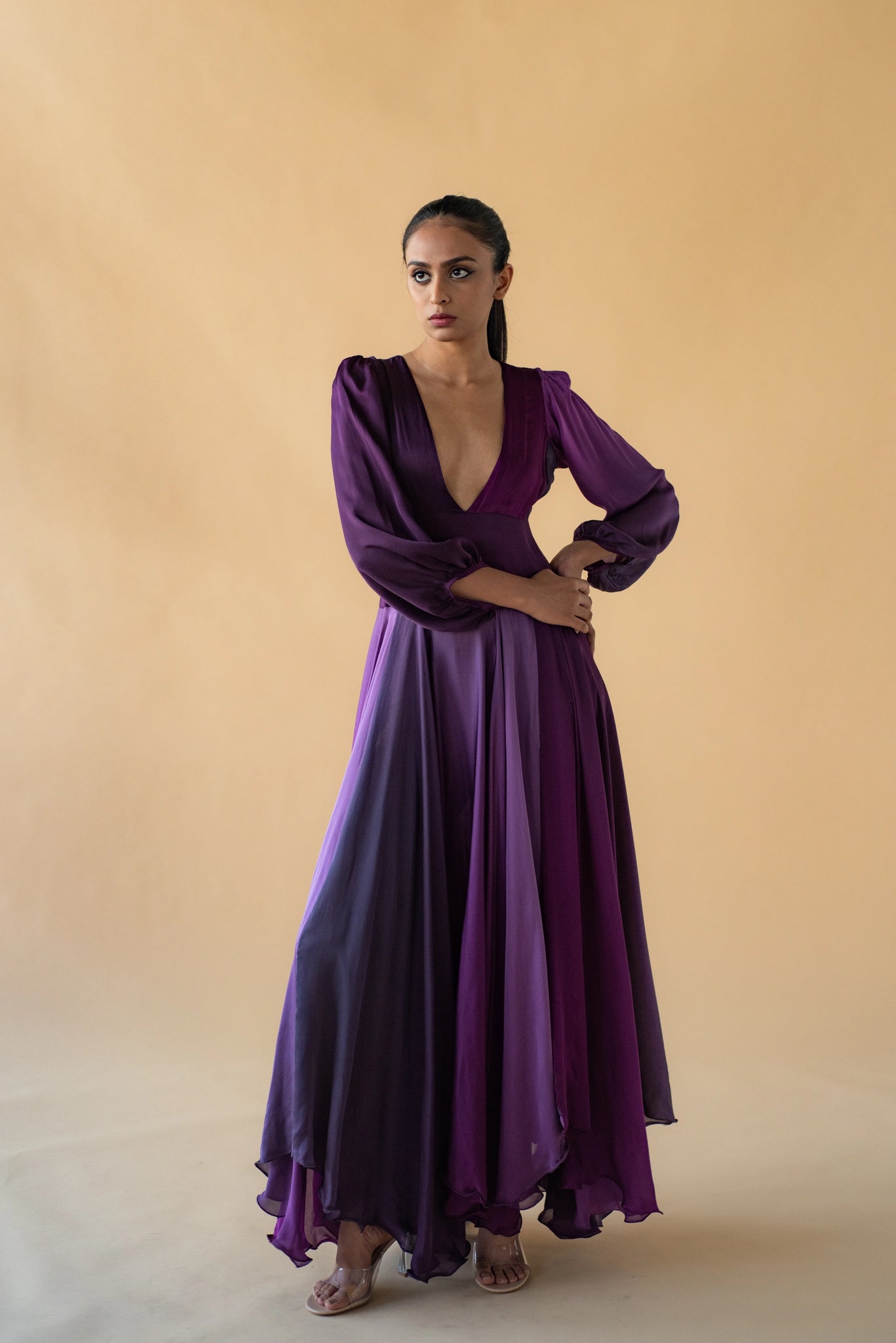 Violet Satin Silk Ombre Long Dress V Neck – IDLI by Thierry Journo Violet Satin Silk Ombre Long Dress V Neck – IDLI by Thierry Journo