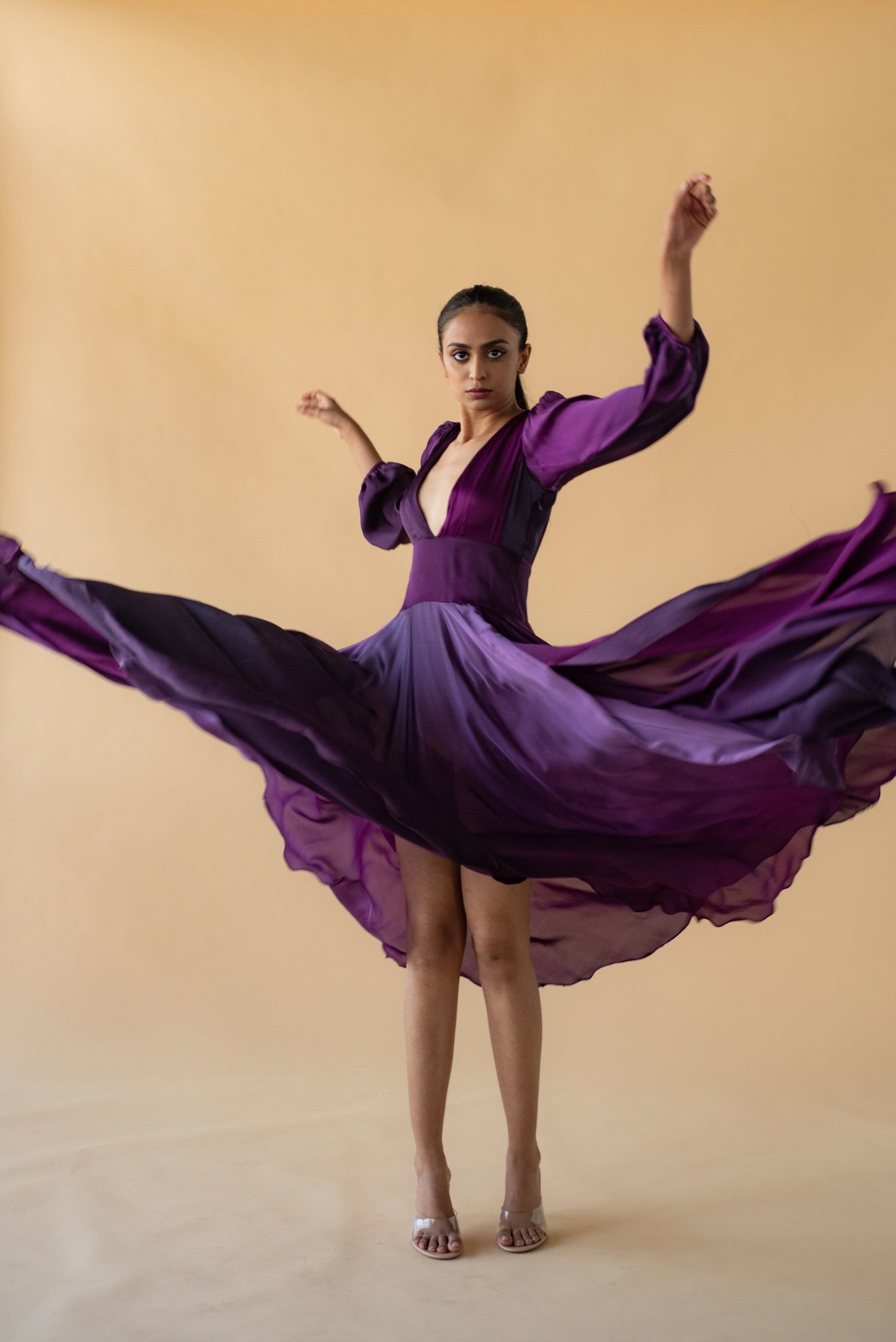 Violet Satin Silk Ombre Long Dress V Neck – IDLI by Thierry Journo