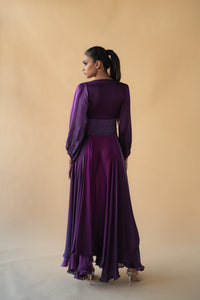 Violet Satin Silk Ombre Long Dress V Neck