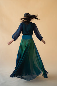 Green and Blue Cross Neck Georgette Ombre Long Dress