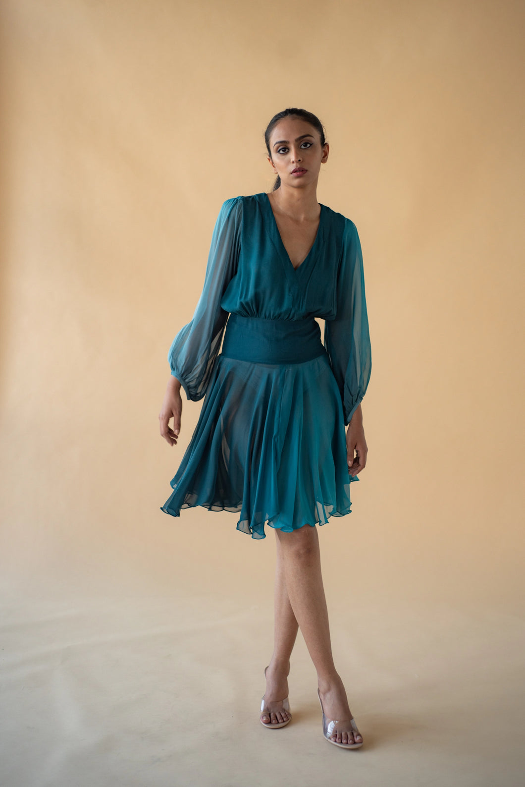 Green and Blue Georgette Ombre Short Dress