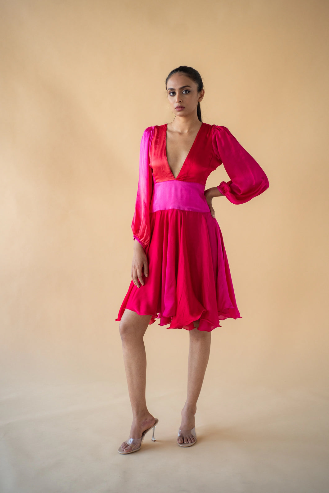 Pink and Orange Satin Silk Ombre Short Dress