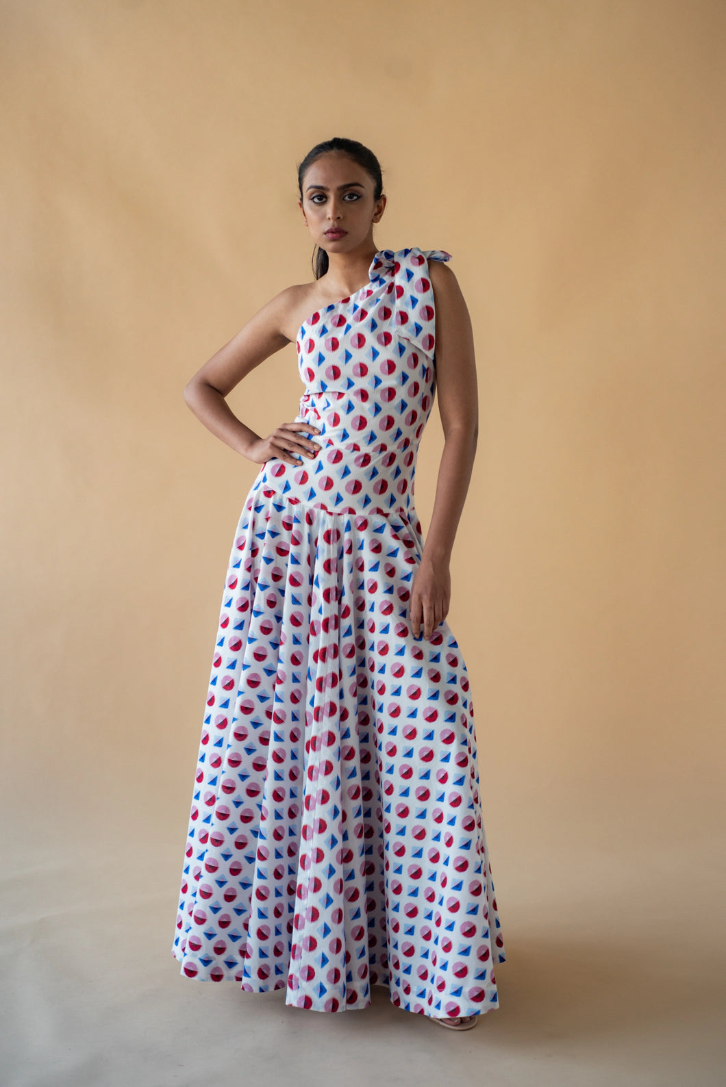 One Shoulder Long Dress - Geometric Print