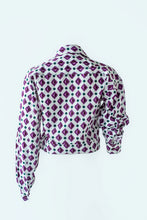 Load image into Gallery viewer, Geometric Print Purple Fly Jacket and Light Blue/Maroon Short Skirt
