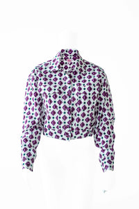 Geometric Print Purple Fly Jacket and Light Blue/Maroon Short Skirt