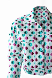 Geometric Print Fly Jacket and Short Skirt - Green/Pink